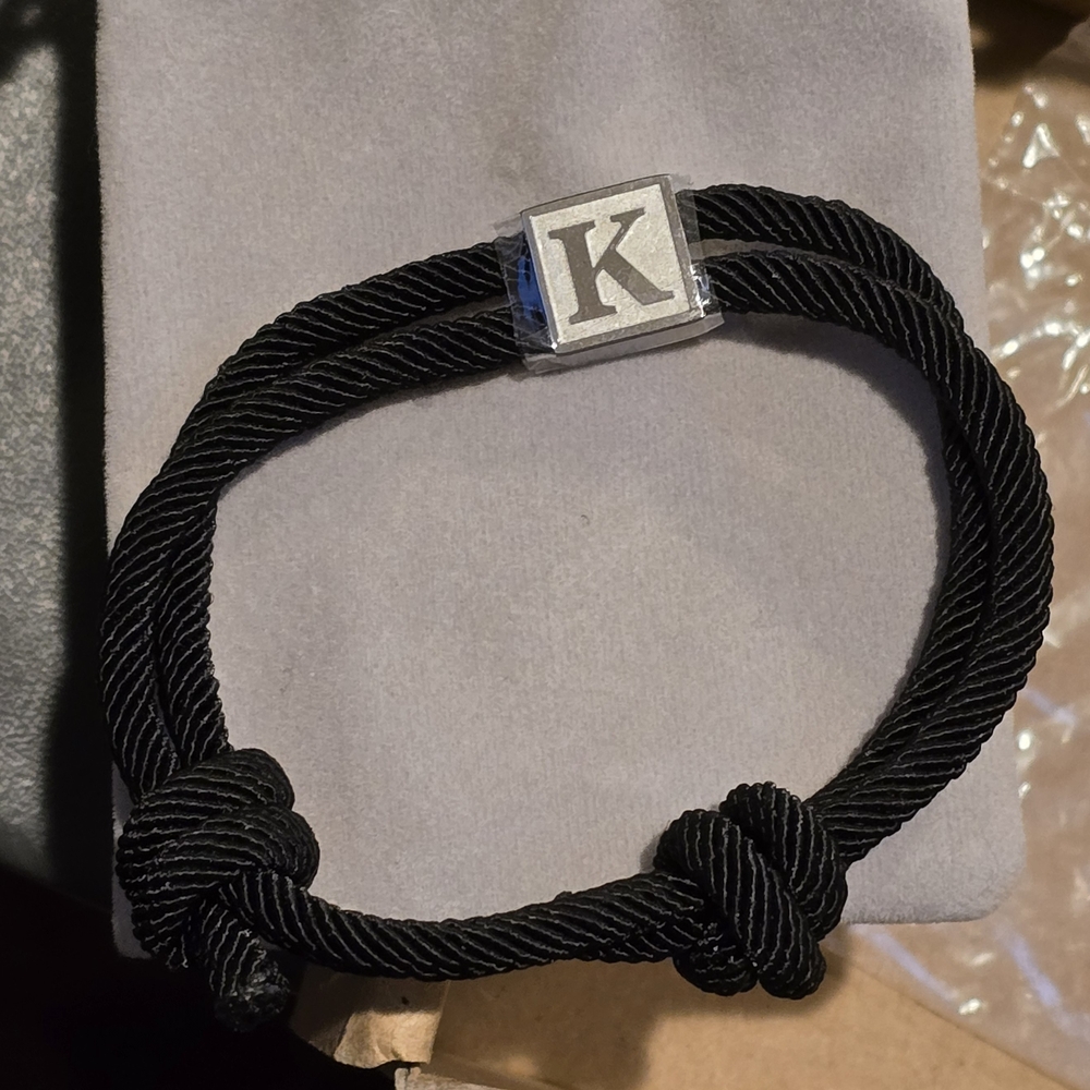 Black Twisted Rope Bracelet with Silver Initial